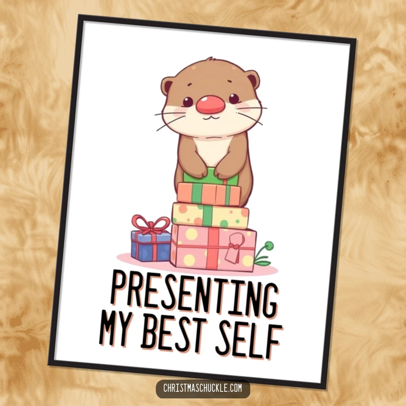 Funny cute otter balancing on presents with a clown nose, ready as a printable and funny digital art.