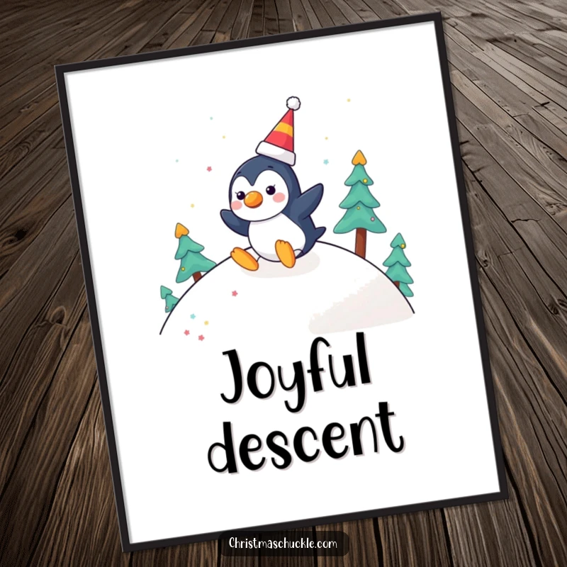 Funny digital art print of a cheerful penguin character with a clown nose, joyfully sliding down a festive hill, perfect for winter decor.