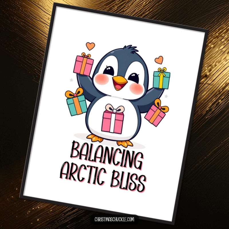 Funny penguin juggling digital art print, a happy bird in action with gift boxes, ready to bring cheer to your walls.