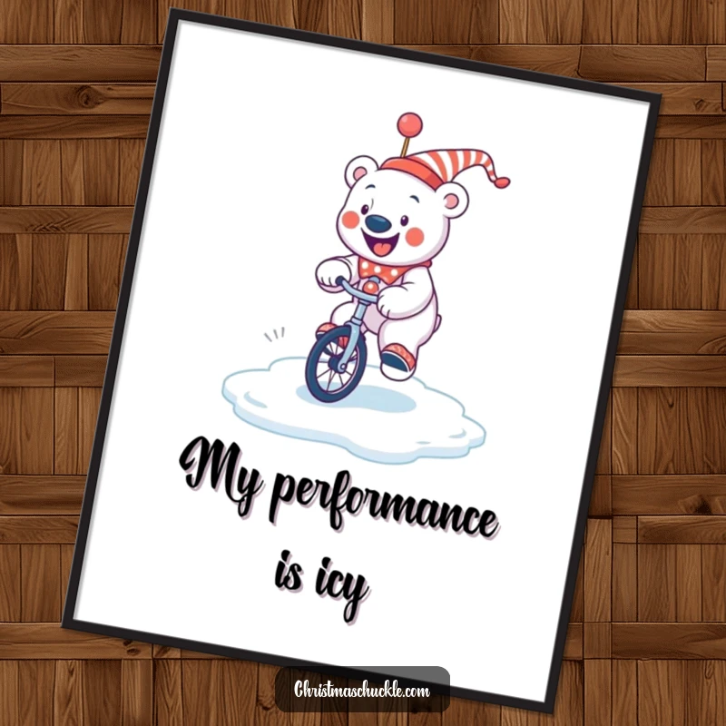 Funny jolly polar bear clown attempting to ride a unicycle on a slippery ice patch, humorous digital art for printing.
