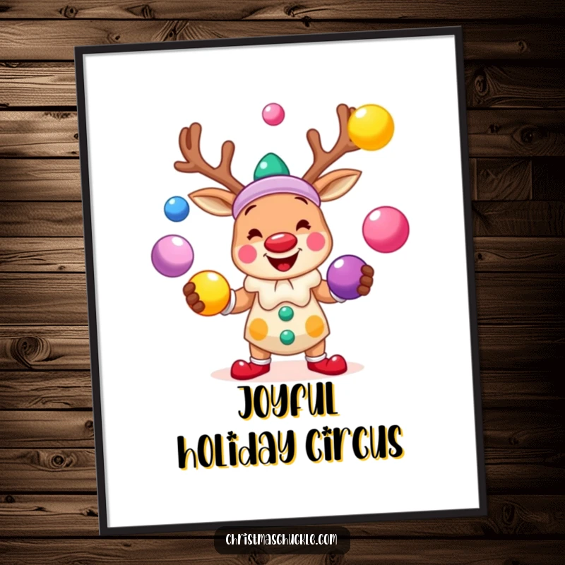 Funny digital art print of a smiling reindeer clown juggling brightly colored balls, perfect for instantly adding festive cheer.
