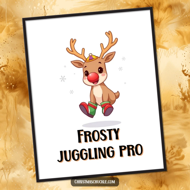Funny digital art print of a cute reindeer as a clown, juggling snowflakes with oversized shoes, bringing holiday cheer and laughter.