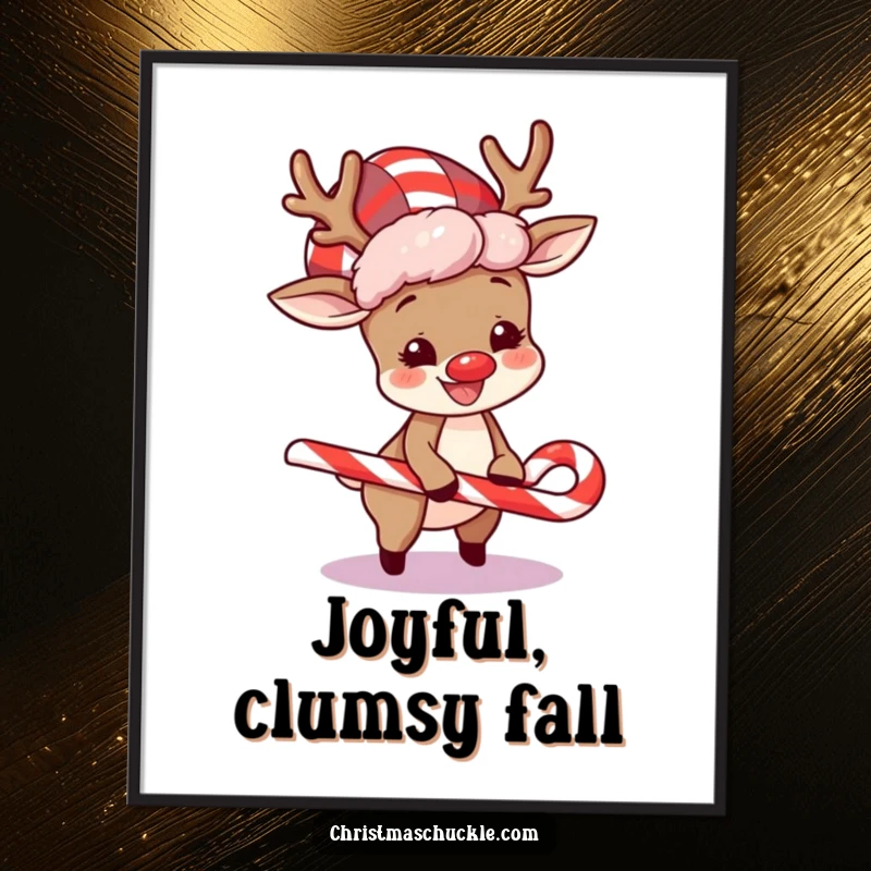 Funny digital art print of a happy reindeer wearing a clown wig, comically tripping over a candy cane, for festive walls.