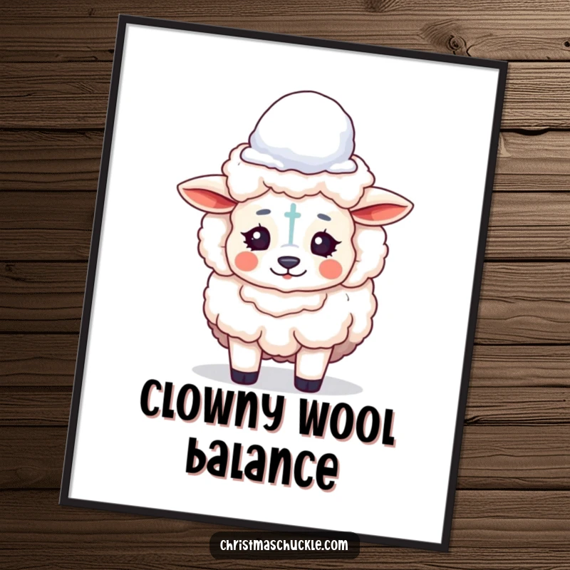 Funny digital art print of a fluffy sheep painted with clown makeup, humorously balancing a snowball on its head, bringing winter fun.