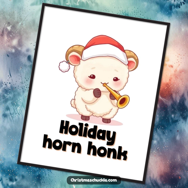 Printable funny sheep in Santa hat plays a tiny trumpet, offering instant festive holiday cheer and humor for wall art.