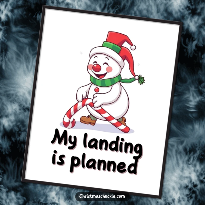 Funny snowman clown wearing a tiny top hat, hilariously tripping over a candy cane, a humorous digital art file for printing.