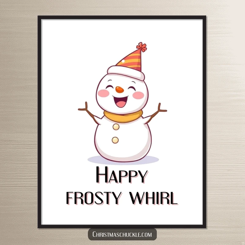 Funny digital art print of a happy snowman wearing a tiny party hat, spinning with pure delight, full of winter merriment.