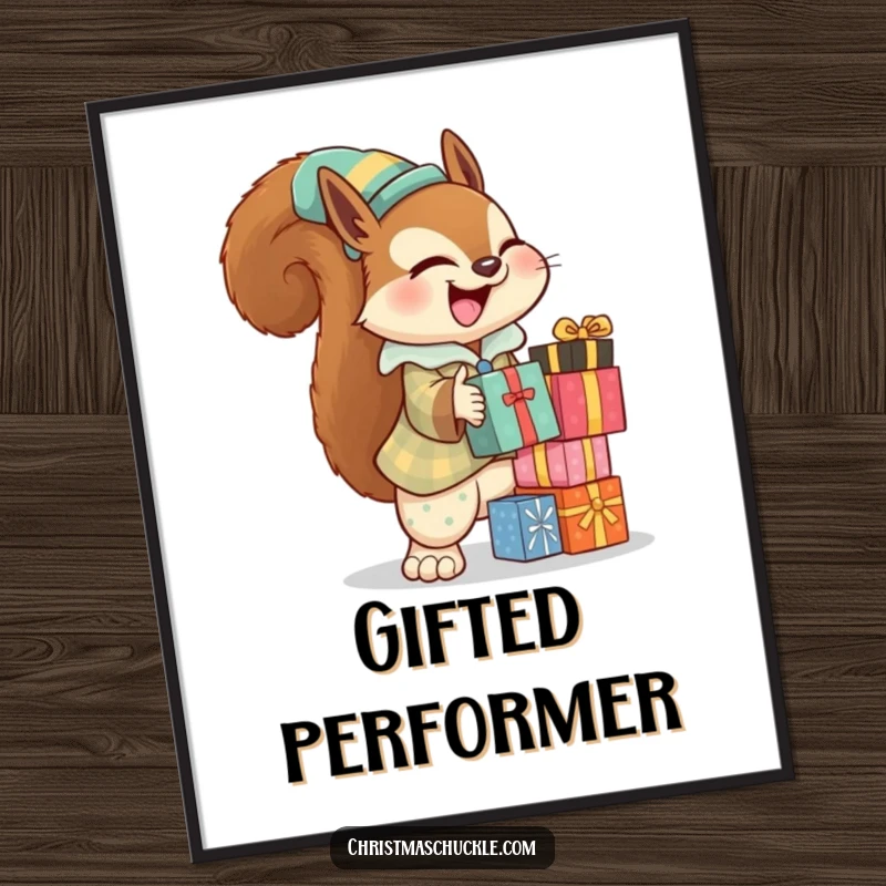 Funny squirrel clown digital art print showing a giggling squirrel in a clown suit, balancing presents, adding festive fun.