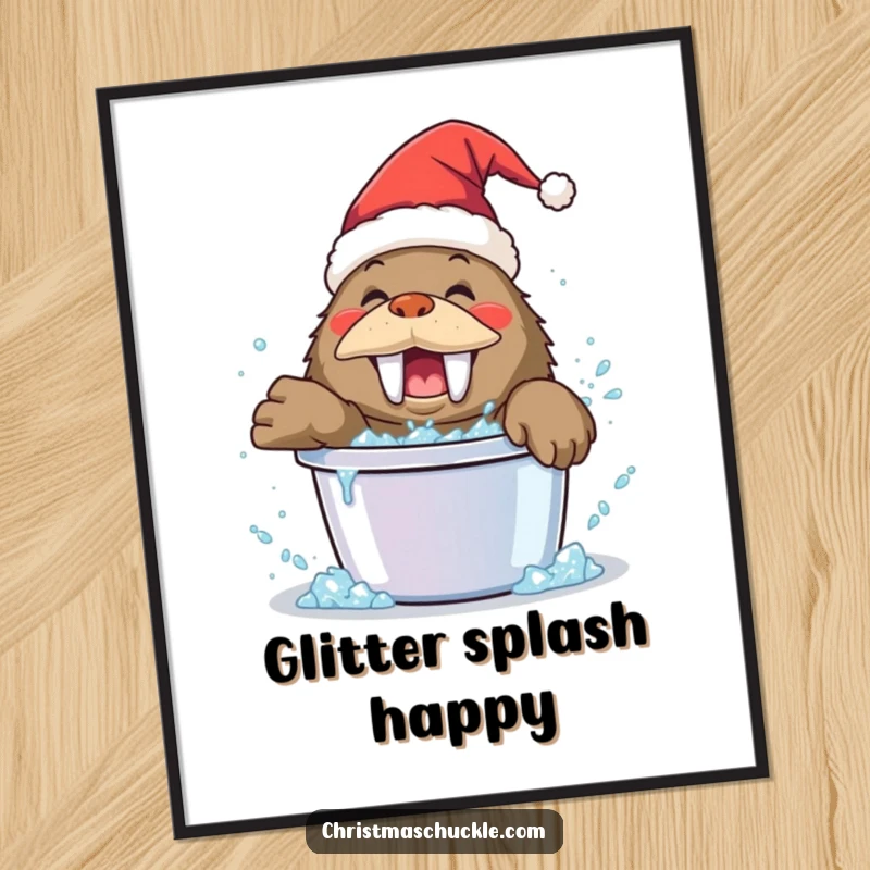 Funny walrus clown digital art print, wearing a Santa hat, playfully splashing in a bucket of glitter, vibrant and comical holiday art.