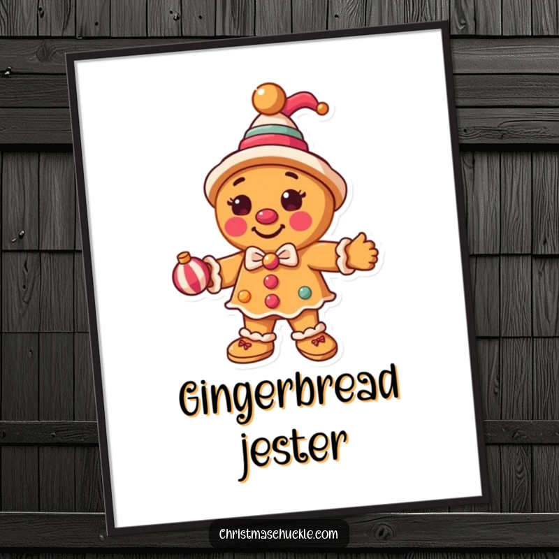 Printable funny round gingerbread man dressed as a clown, juggling ornaments, offering instant holiday humor for wall art.