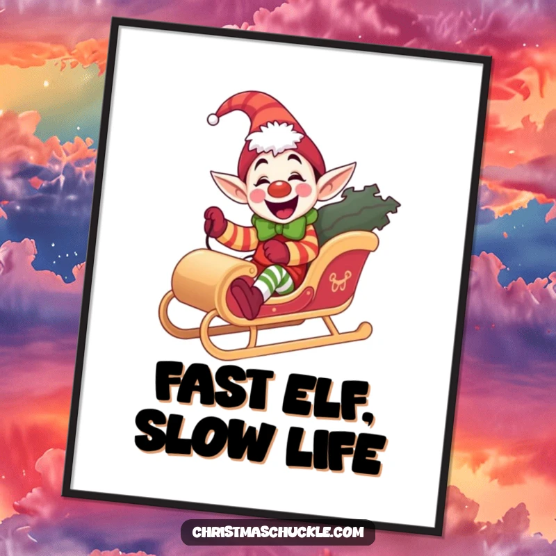 Funny elf clown digital art print, giddy and comical, riding a miniature sleigh, a unique funny gift.