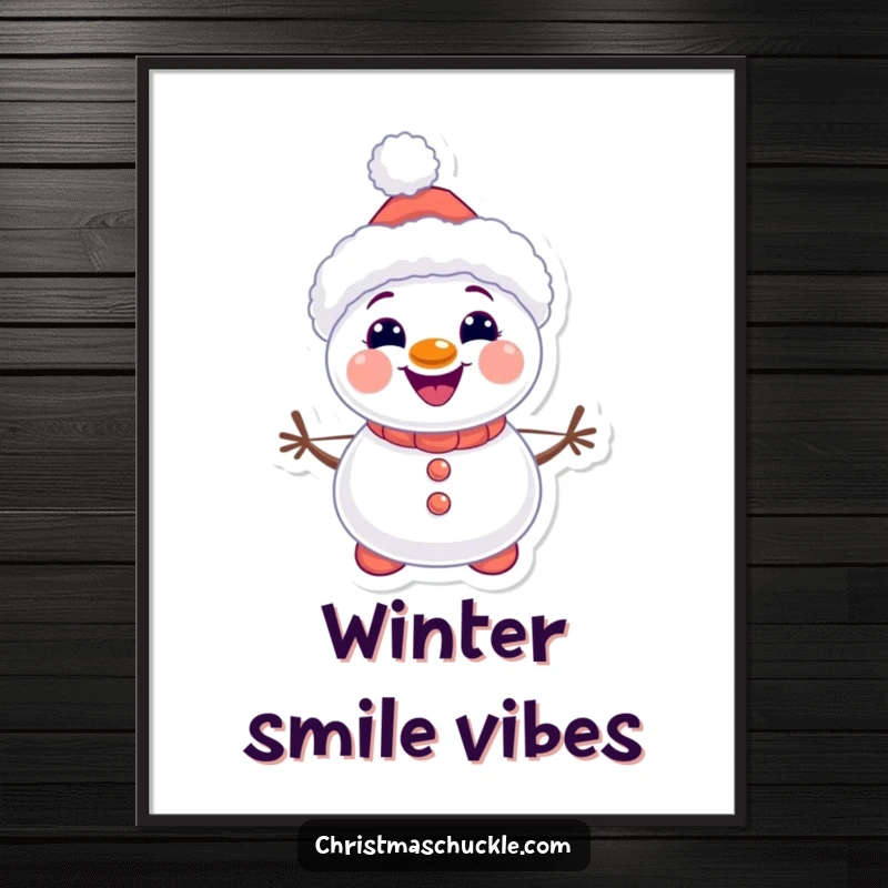 Funny kawaii snowman clown digital art print, cute and comical, smiling with carrot buttons, a unique funny gift.