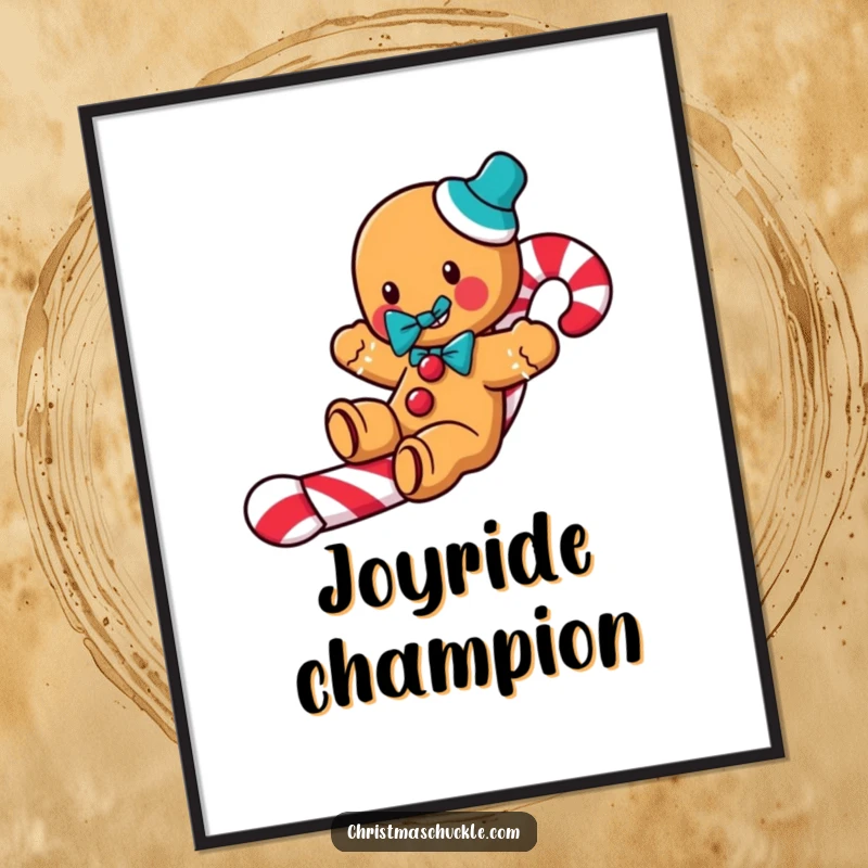 Funny Gingerbread Clown Digital Art Print: A jolly gingerbread man slides down a candy cane, perfect for instant humorous holiday decor.