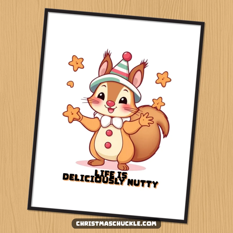 Funny squirrel dressed as a clown juggling small gingerbread cookies, ready as a printable and funny digital art.