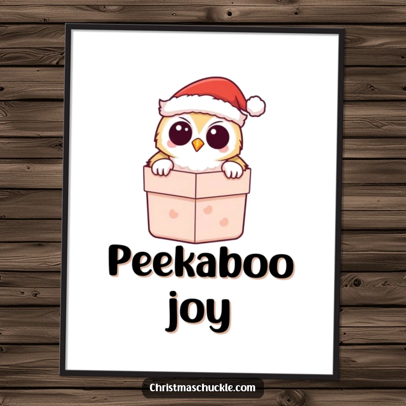 Funny Kawaii Owl Santa Digital Art Print, showing a cute owl peeking from a gift box, ready for festive display.
