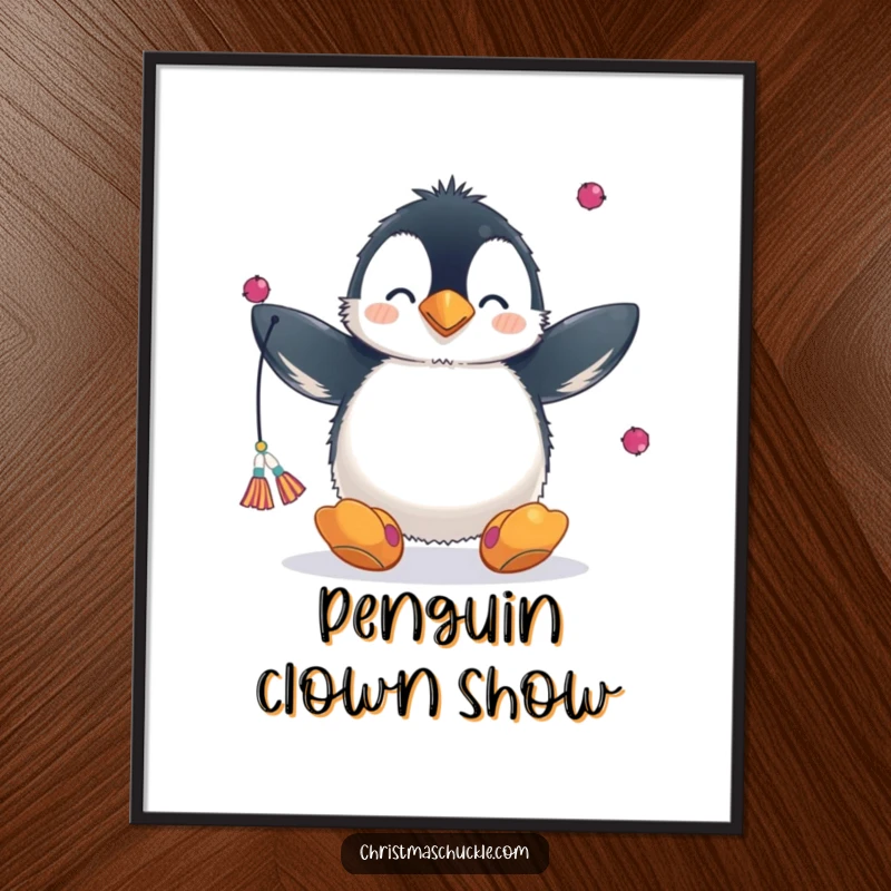 Funny digital art print of a fluffy penguin in a clown nose and big shoes, juggling scarves, embodying playful circus energy.