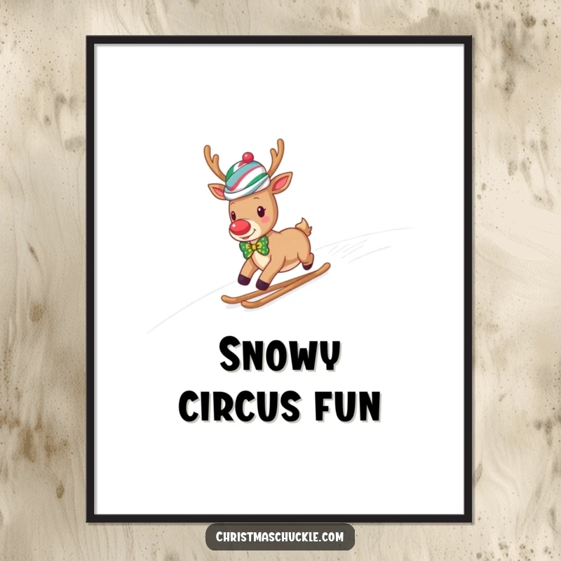 Funny reindeer clown wearing a wig and bow tie slides down a snowy hill, a high-resolution digital art print.