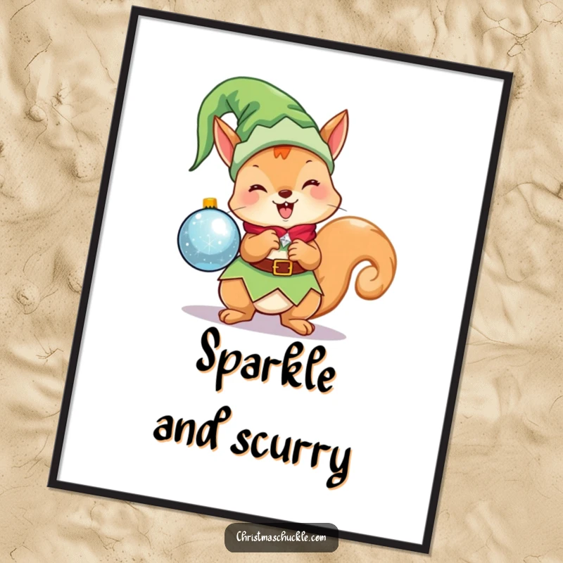 Funny Kawaii Elf Squirrel Digital Art Print: Cute Christmas character as an elf, excitedly holding a sparkling ornament, for festive wall art.