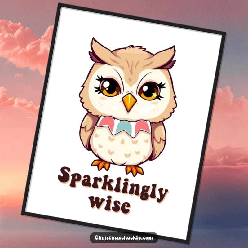 Funny digital art print of an owl in a clown collar, attempting a playful wink with sparkling eyes, perfect for witty decor.