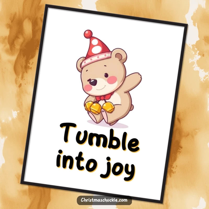 Funny digital art print of a bear wearing jingle bells and a clown hat, hilariously tripping, perfect for whimsical wall decor.