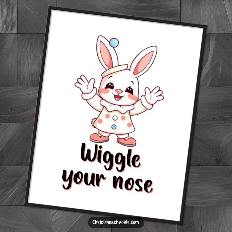 Funny digital art print of a joyful bunny dressed as a clown, enthusiastically waving, perfect for instant, humorous wall decoration.