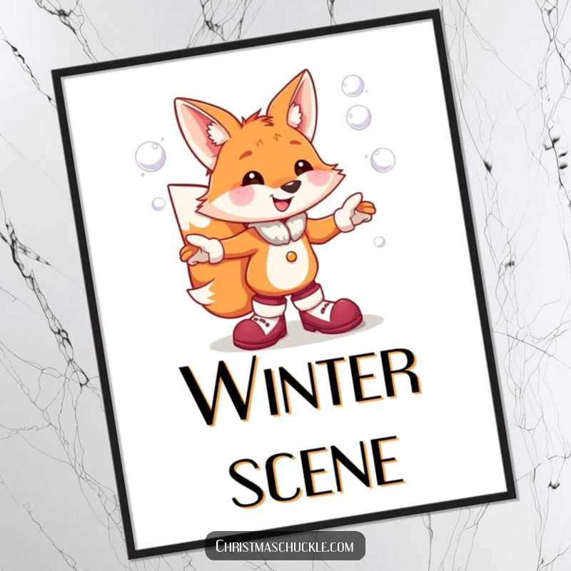 Funny digital art print of a cheerful fox in clown shoes, comically juggling snowball projectiles, ready to be printed and framed.