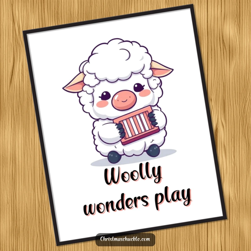 Funny digital art print of a sheep clown playing a concertina, perfect for wall decor, conveying musical joy and adding humorous charm.