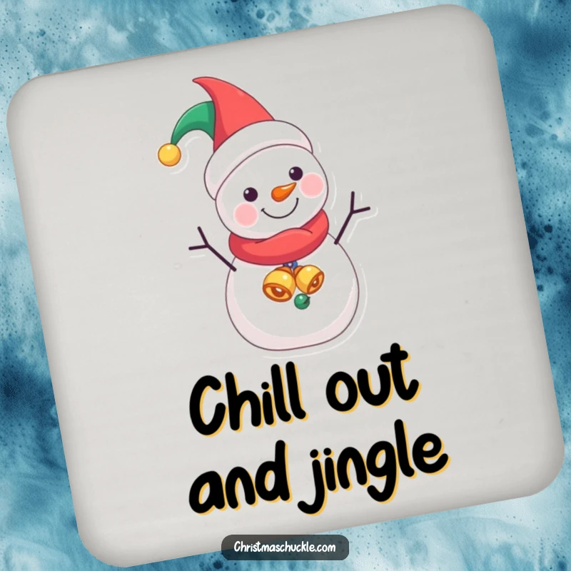 Funny Jester Snowman drink coaster, a jolly character in jester's cap, protecting tables with festive and comical flair.
