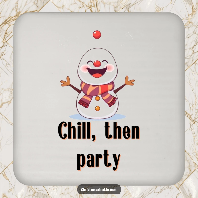 Funny snowman coasters, a set featuring a clown-faced snowman comically juggling snowflakes, for humorous drink protection.