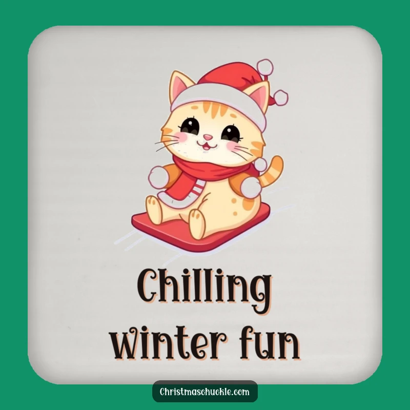 Funny Kawaii Santa Cat Drink Coaster: Cute Feline Sliding Down Snowy Hill, Protect Furniture Funny Gift