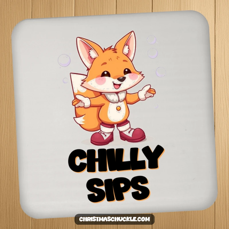 Funny drink coaster featuring a cheerful fox in clown shoes, humorously juggling snowball projectiles, protecting surfaces with style.