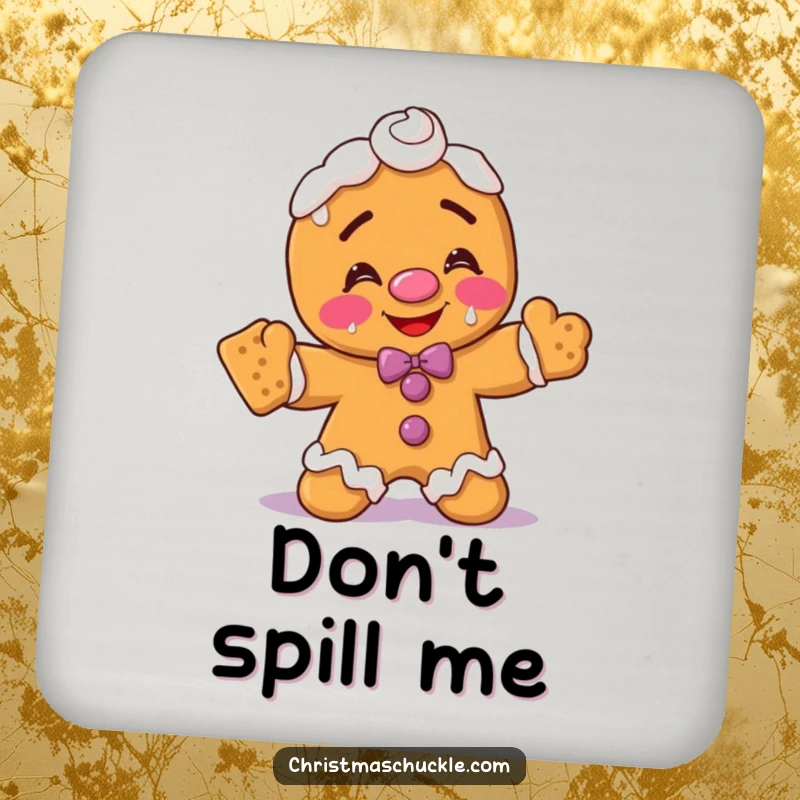 Funny gingerbread man clown coaster, blushing with frosting on face, hilariously balancing crackers, a whimsical and protective surface saver.