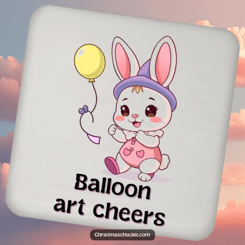 Funny coasters showcasing a cute bunny clown focused on twisting a delightful balloon animal.