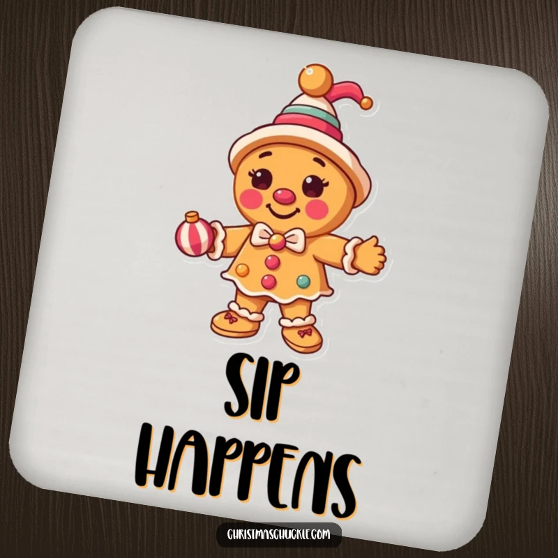 Funny round gingerbread man as a clown, juggling ornaments on a drink coaster, protecting surfaces with festive humor.