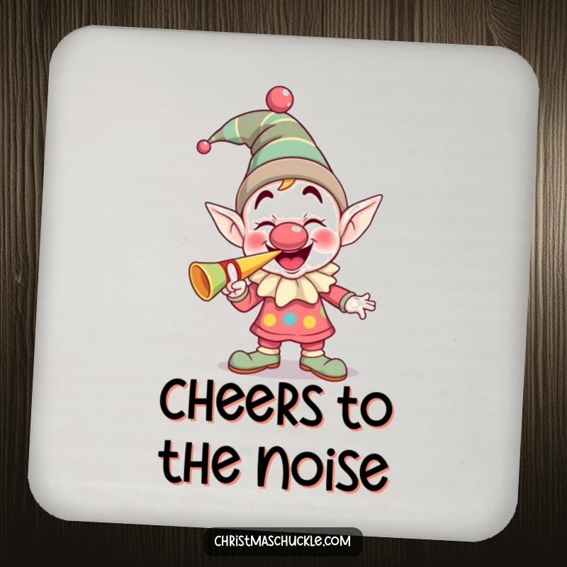 Funny giggling elf clown with a squeaky nose blowing a party horn, a humorous drink coaster for party settings.