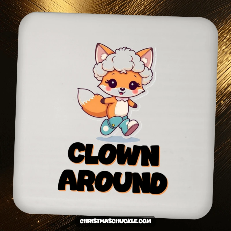 Funny drink coaster featuring a cute fox character hopping joyfully, wearing a tiny clown wig and oversized boots, a splash of fun.