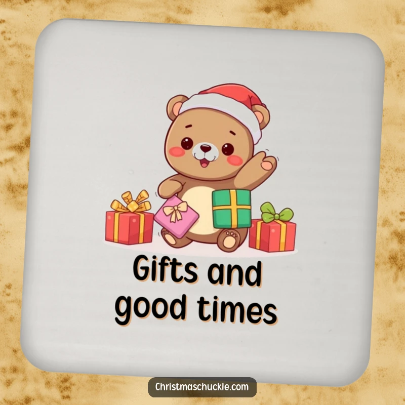 Funny kawaii bear Santa juggling gifts, a protective coaster that adds festive humor and holiday charm to any setting.