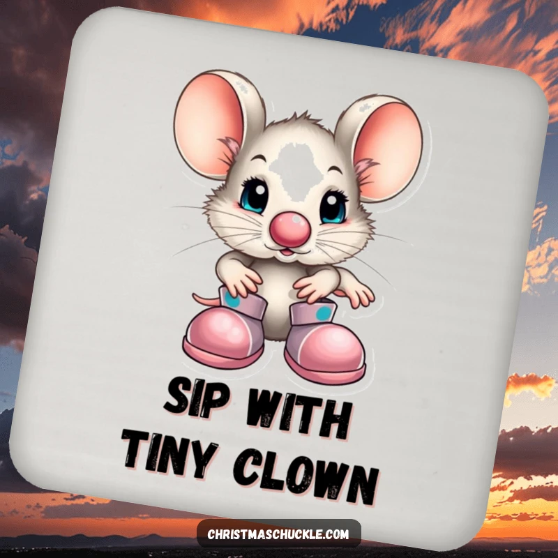 Funny little mouse character dressed as a clown with a red nose and big shoes, printed on a protective drink coaster, adding whimsical humor.
