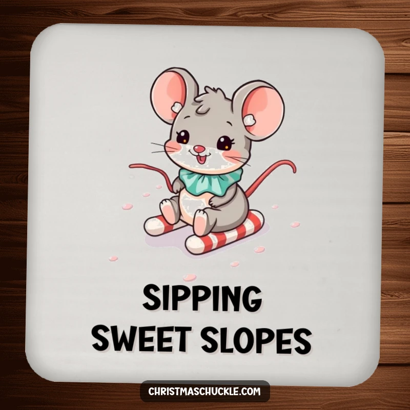 Funny coasters depicting a cheerful mouse in a clown collar sliding down a vibrant candy cane hill.