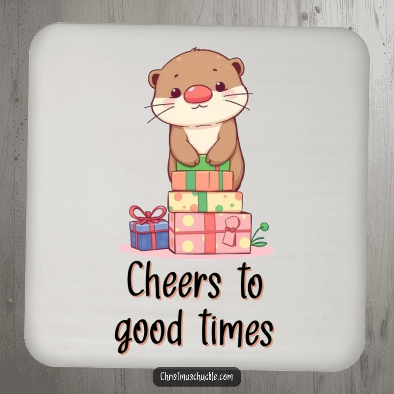 Funny cute otter balancing on gifts with a clown nose, printed on a protective and funny drink coaster.