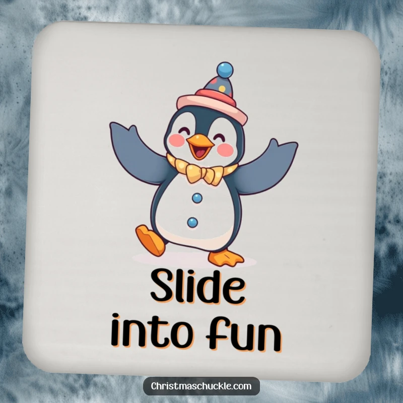 Funny penguin coasters, a set featuring a penguin dressed as a clown, doing a silly dance, for humorous drink protection.