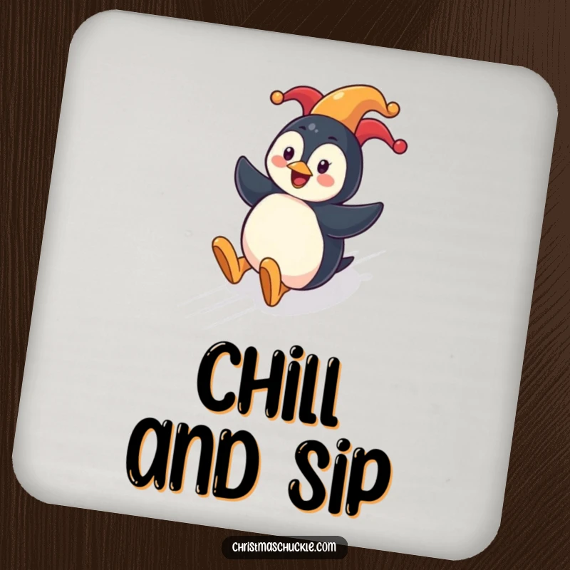 Funny penguin clown coasters featuring a cheerful penguin sliding down a festive hill wearing a clown nose.