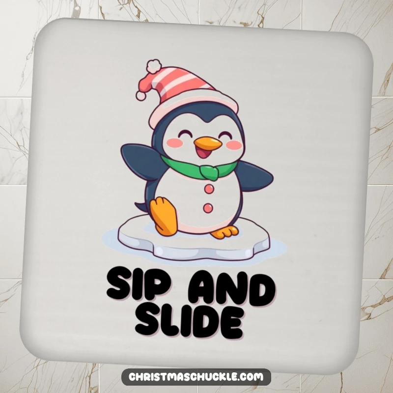 Funny coaster featuring a smiling penguin dressed as a clown, comically slipping on an icy patch, protecting surfaces with humor.