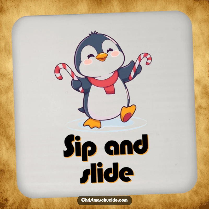 Funny cute penguin slipping on ice, juggling candy canes on a drink coaster, protecting surfaces with festive humor.