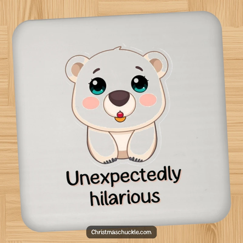 Funny polar bear clown nose drink coaster, a shocked bear with a tiny red nose, adding playful charm and surface protection.