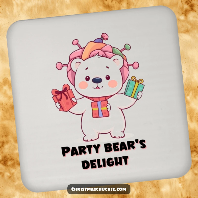 Funny drink coaster featuring a curious polar bear in a clown wig, juggling presents, protecting surfaces with playful charm.