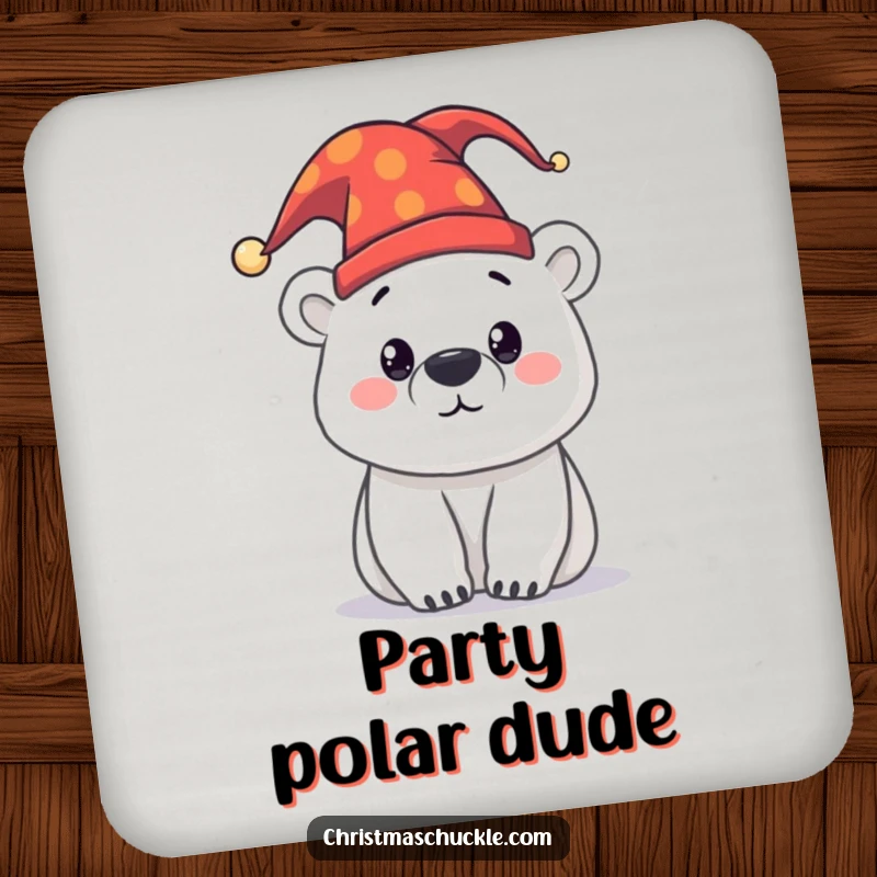 Funny curious polar bear wearing a jester hat, printed on a protective drink coaster, adding a touch of arctic-inspired whimsical humor.