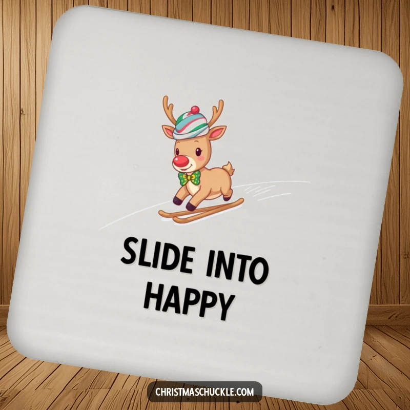 Funny reindeer clown in a wig and bow tie slides down a snowy hill, a humorous coaster for drinks.