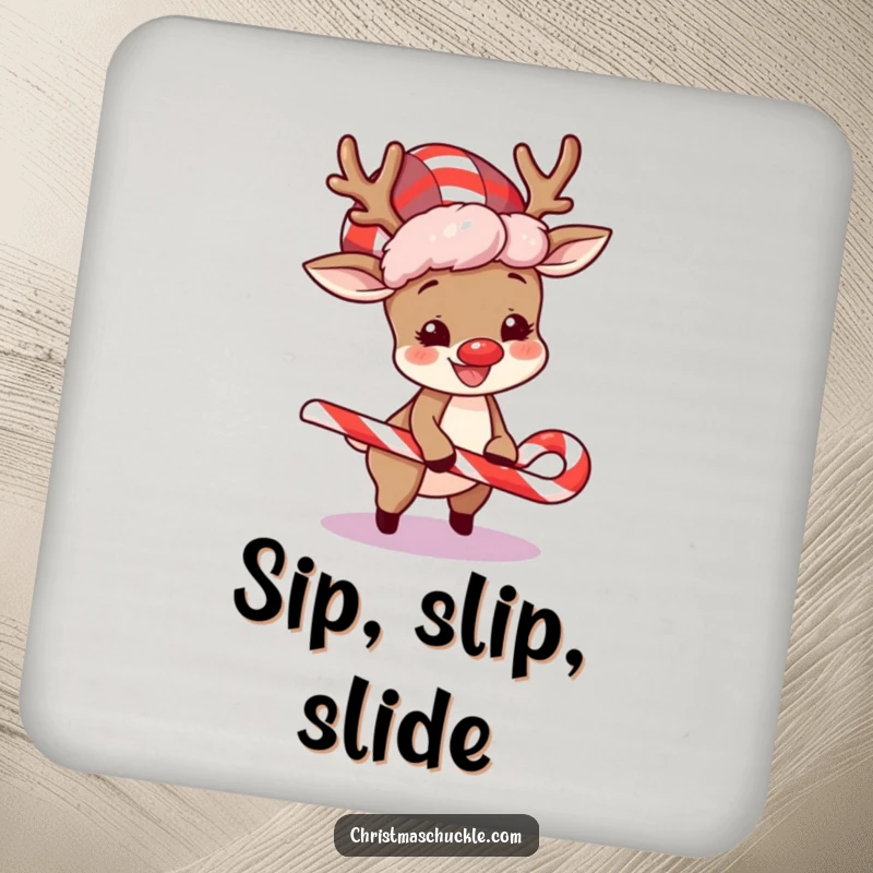 Funny drink coaster featuring a happy reindeer in a clown wig, comically tripping over a candy cane, for festive tables.