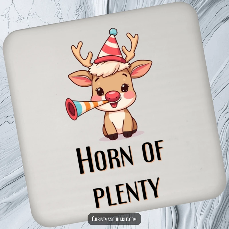 Funny reindeer characters with clown wigs blowing party horns, featured on protective coasters, adding festive humor.